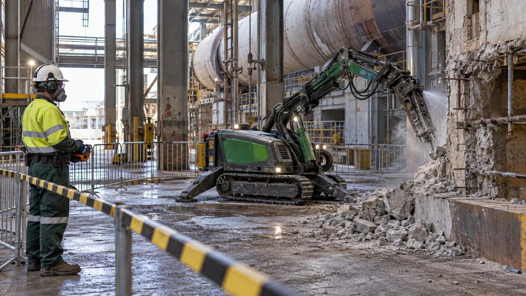 Remote-controlled demolition robot completing controlled concrete removal
