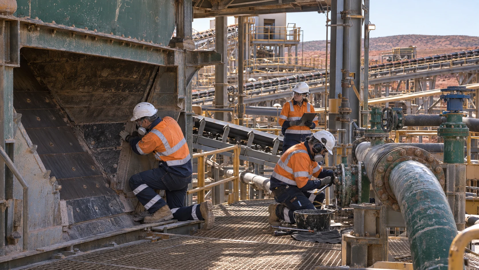 Mineral-processing remediation team inspecting and repairing brownfield plant