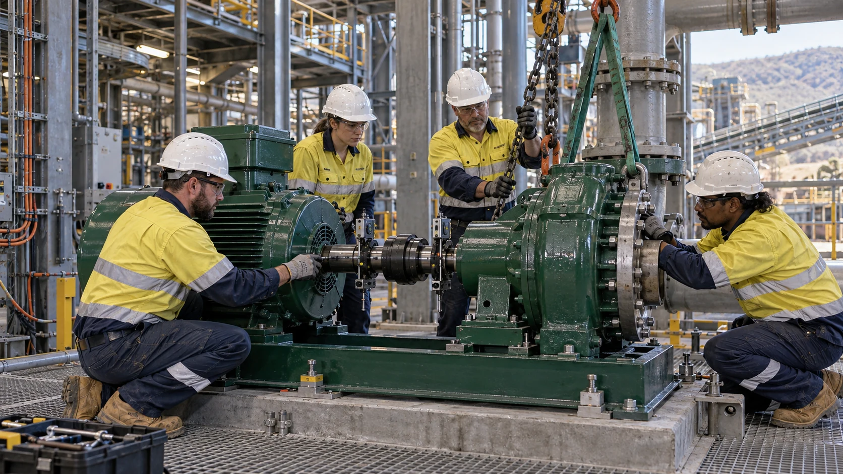 Industrial mechanical team installing and aligning processing equipment