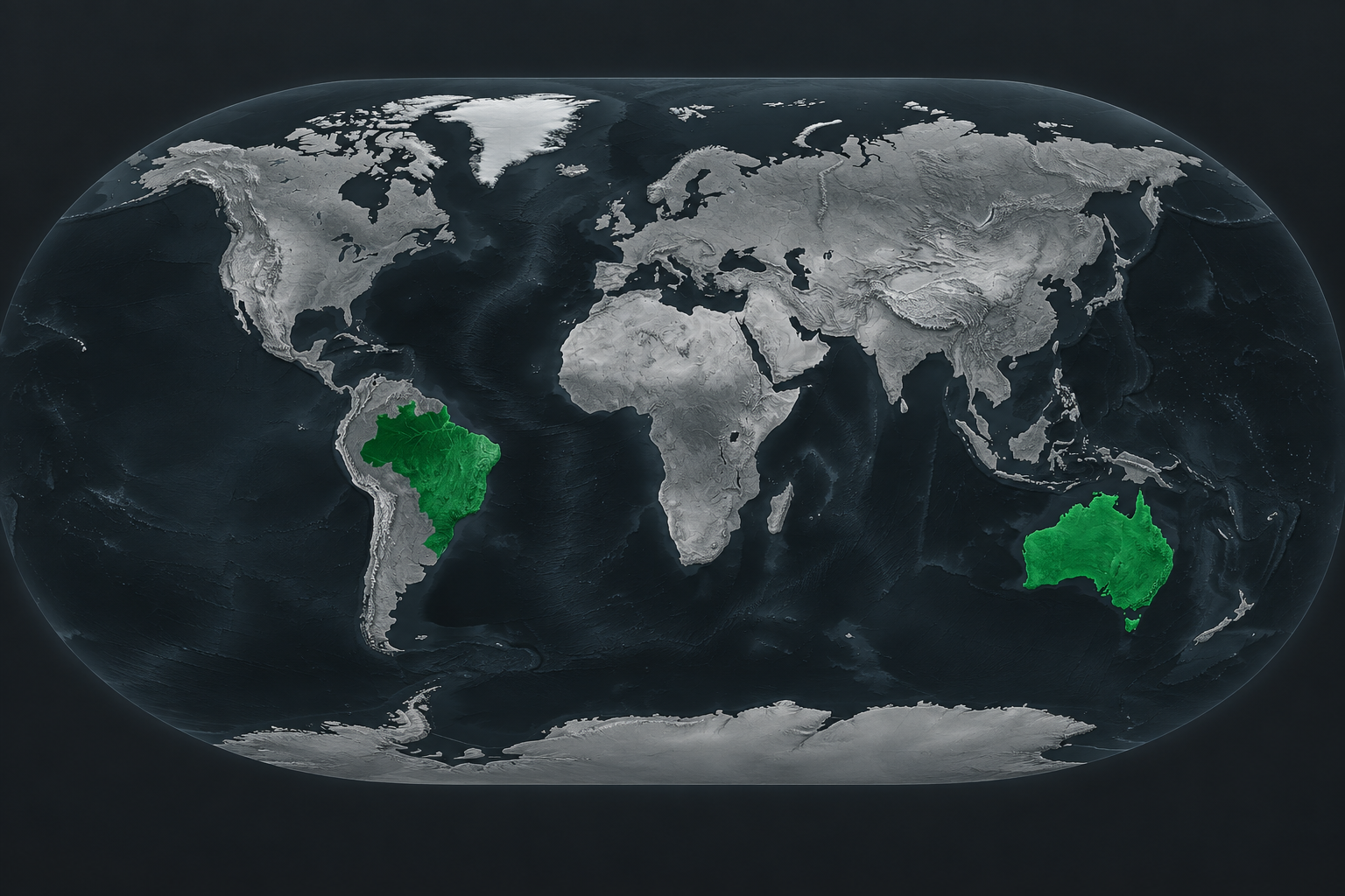 World view with Australia and Brazil highlighted in Flare green